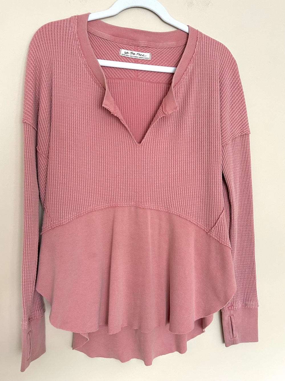 We The Free Women’s Dusty Rose Waffle-Peplum Long Sleeve Top Oversized